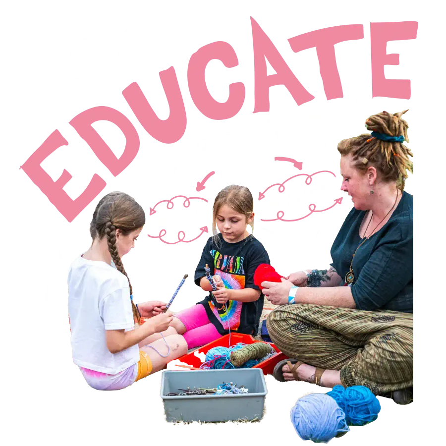 children learning how to weave and the text educate