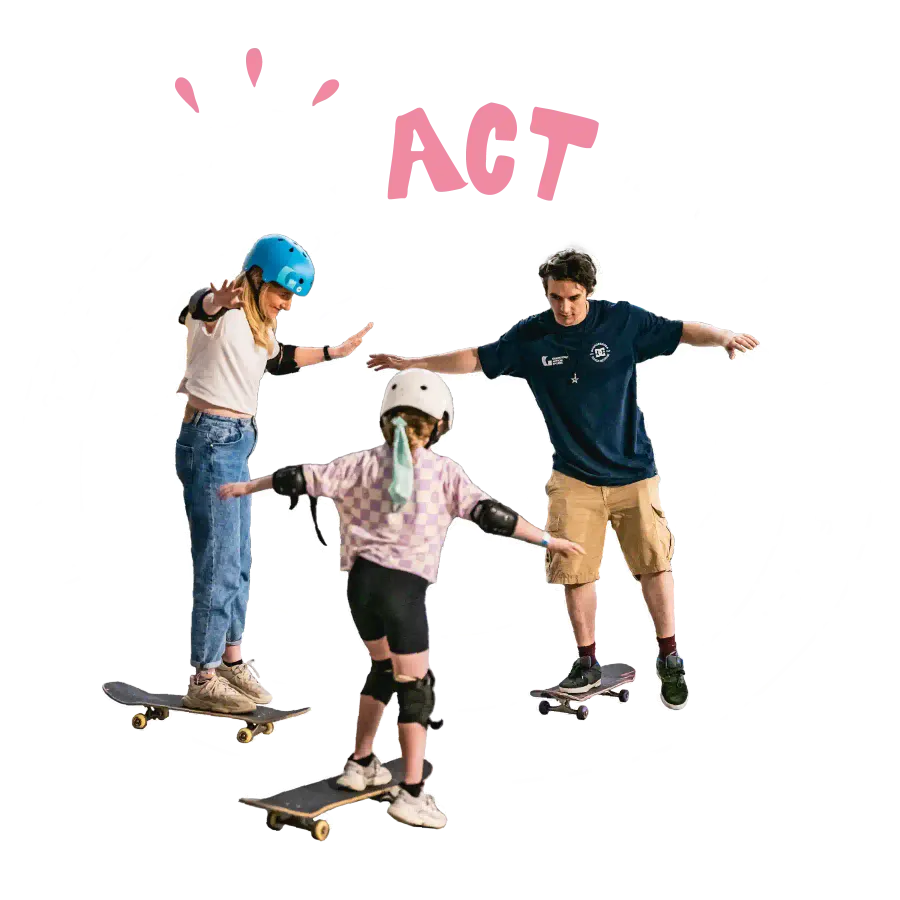 mother and daughter learning to skate and the text act