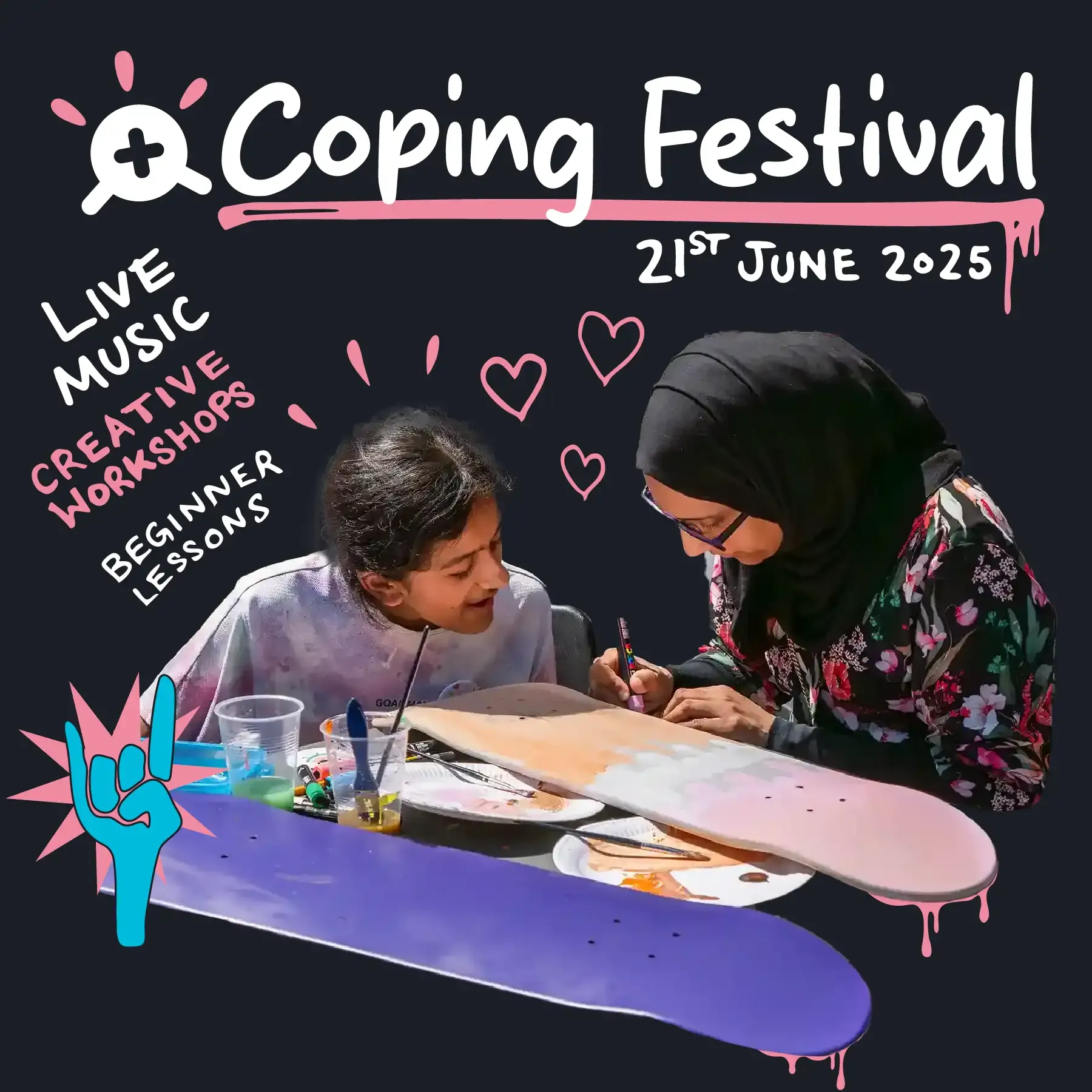 A woman and a daughter draw on a skateboard together with paint pens, text reads - creative workshops, take time to reflect with your family and friends