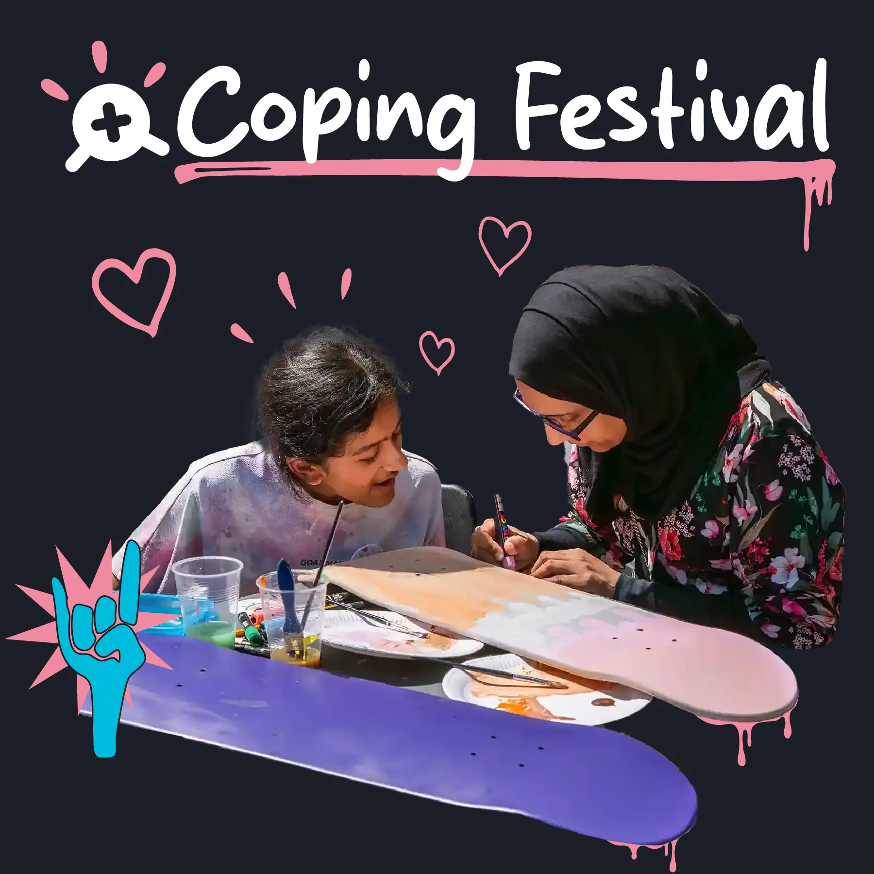 A woman and a daughter draw on a skateboard together with paint pens, text reads - creative workshops, take time to reflect with your family and friends